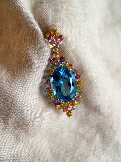 Vintage 1990s Blue Topaz Rainbow Halo Pendant, 14k Gold