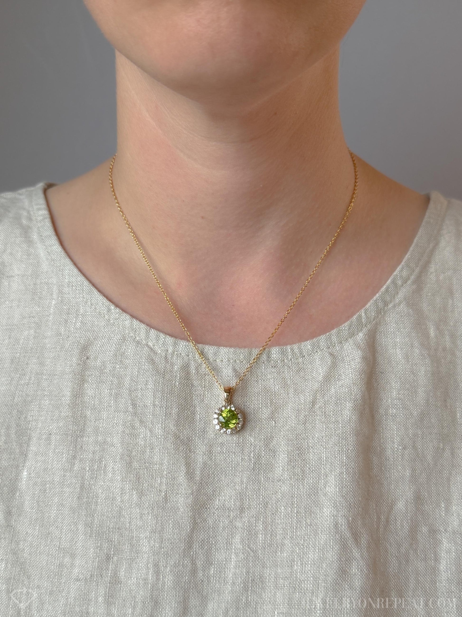 Vintage Peridot Gemstone Halo Pendant in 10k Gold, Retro Jewelry from the 1990s - Timeless, Sustainable, @JewelryOnRepeat