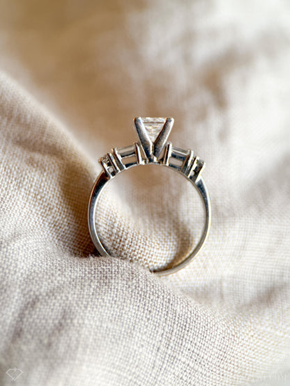 Vintage Diamond Engagement Ring, Princess Cut, 14k White Gold, 1990s Baguette Accent Bridal Ring