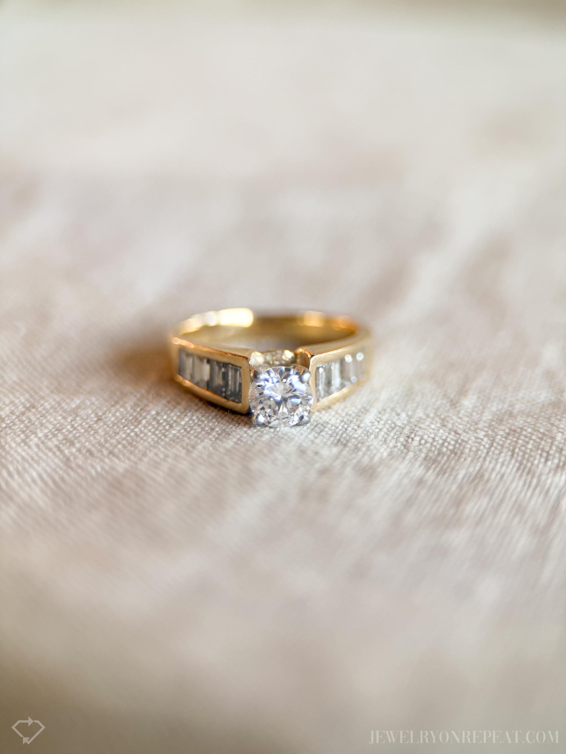 Vintage Diamond Engagement Ring, Round Cut, 14k Gold, Baguette Channel Bridal Ring
