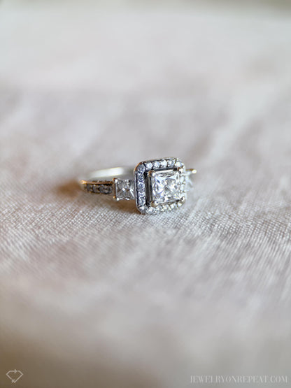 Vintage Diamond Engagement Ring, Princess Cut, 14k White Gold, 1990s Halo Three-Stone Bridal Ring