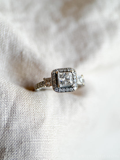 Vintage Diamond Engagement Ring, Princess Cut, 14k White Gold, 1990s Halo Three-Stone Bridal Ring