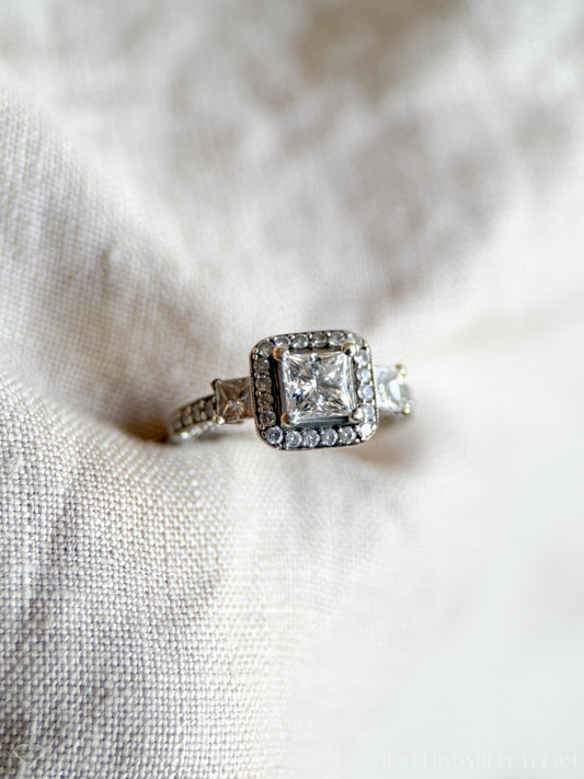 Vintage Diamond Engagement Ring, Princess Cut, 14k White Gold, 1990s Halo Three-Stone Bridal Ring