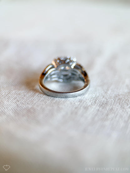 Vintage Diamond Engagement Ring, Princess Cut, Platinum, 1990s Ornate Halo Bridal Ring