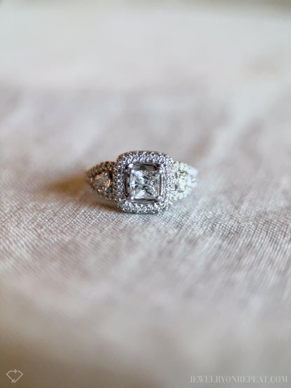 Vintage Diamond Engagement Ring, Princess Cut, Platinum, 1990s Ornate Halo Bridal Ring