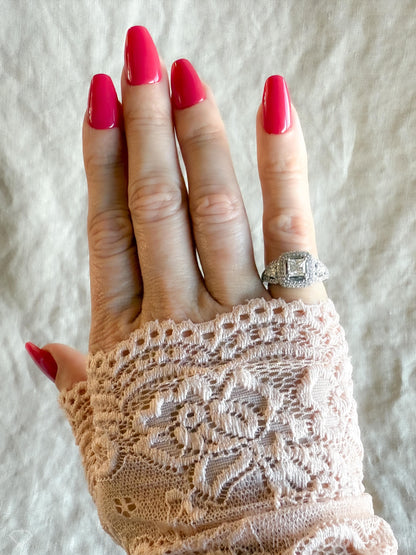 Vintage Diamond Engagement Ring, Princess Cut, Platinum, 1990s Ornate Halo Bridal Ring