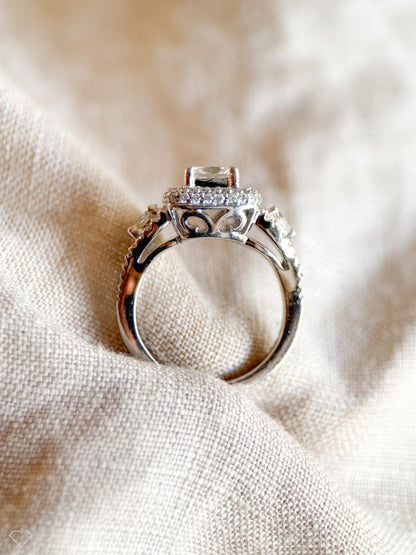 Vintage Diamond Engagement Ring, Princess Cut, Platinum, 1990s Ornate Halo Bridal Ring