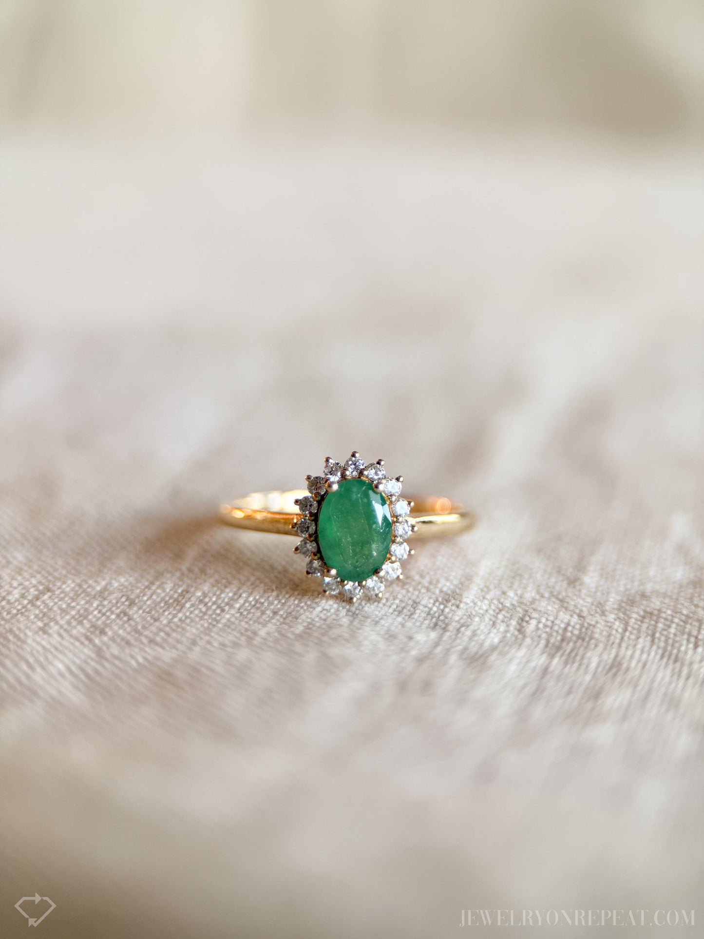 Vintage Emerald and Diamond Halo Ring in 10k Gold, Retro Jewelry from the 1990s - Timeless, Sustainable, @JewelryOnRepeat