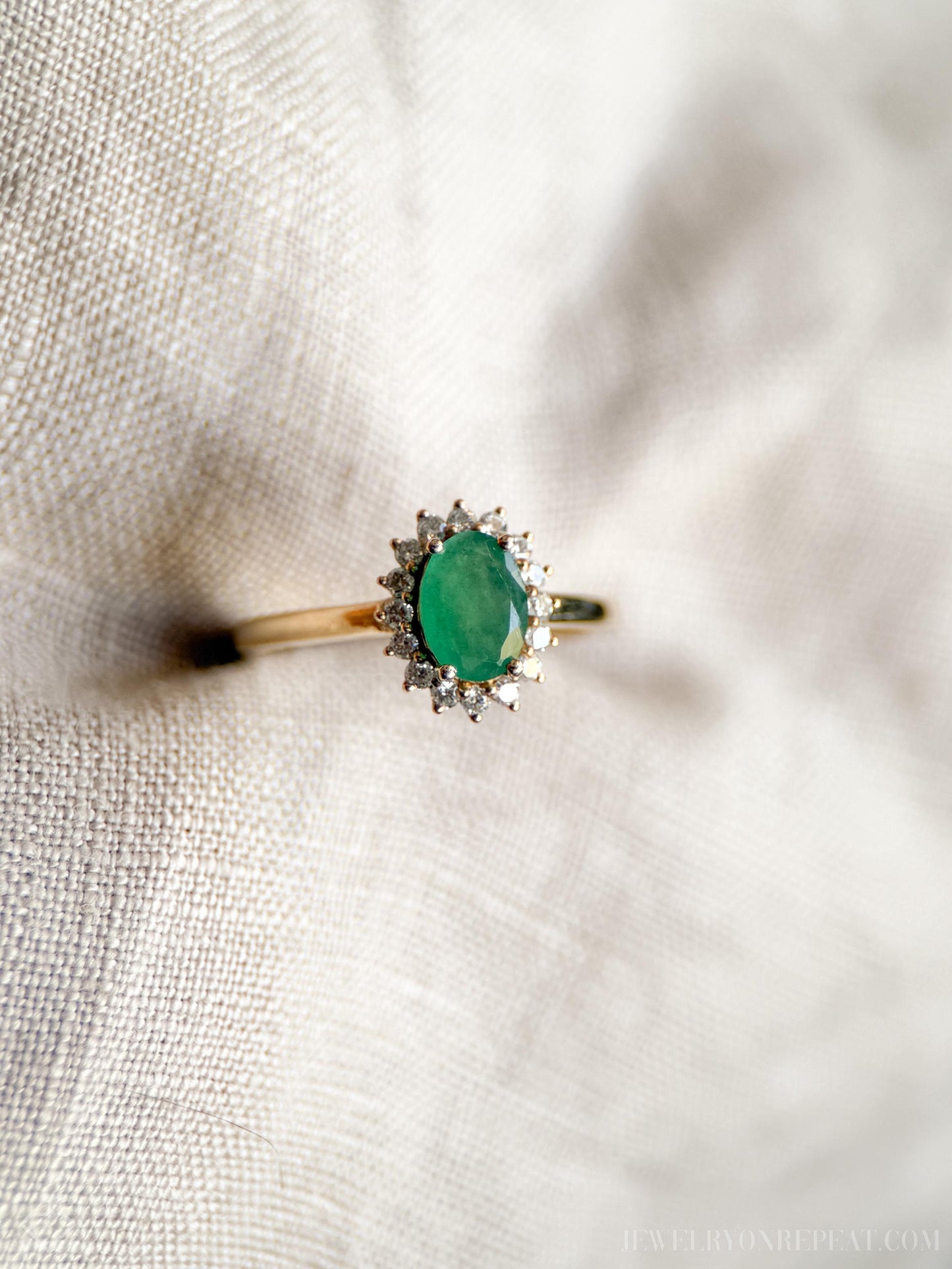 Vintage Emerald and Diamond Halo Ring in 10k Gold, Retro Jewelry from the 1990s - Timeless, Sustainable, @JewelryOnRepeat