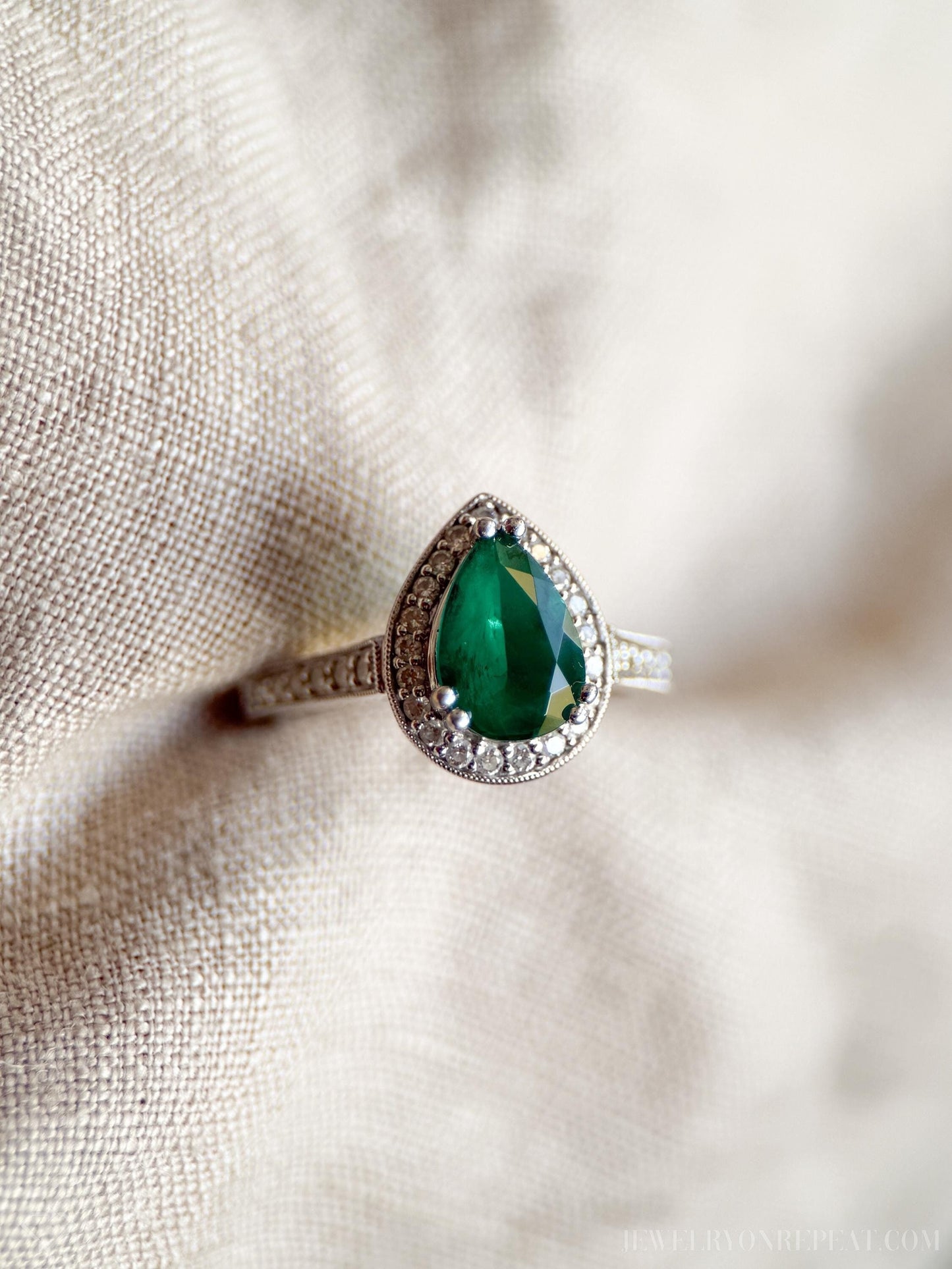 Vintage Emerald and Diamond Halo Ring in 14k White Gold, Retro Jewelry from the 1990s - Timeless, Sustainable, @JewelryOnRepeat