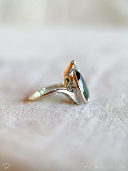 Vintage 1980s Green Garnet Gemstone Ring, 14k White Gold