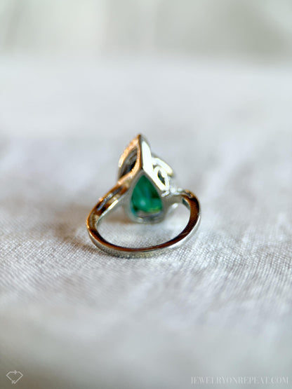 Vintage 1980s Green Garnet Gemstone Ring, 14k White Gold