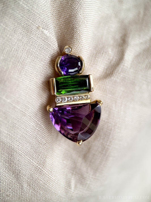 Vintage Amethyst and Tourmaline Gemstone Pendant Enhancer in 18k Gold, Retro 1990s Jewelry - Timeless, Sustainable, @JewelryOnRepeat