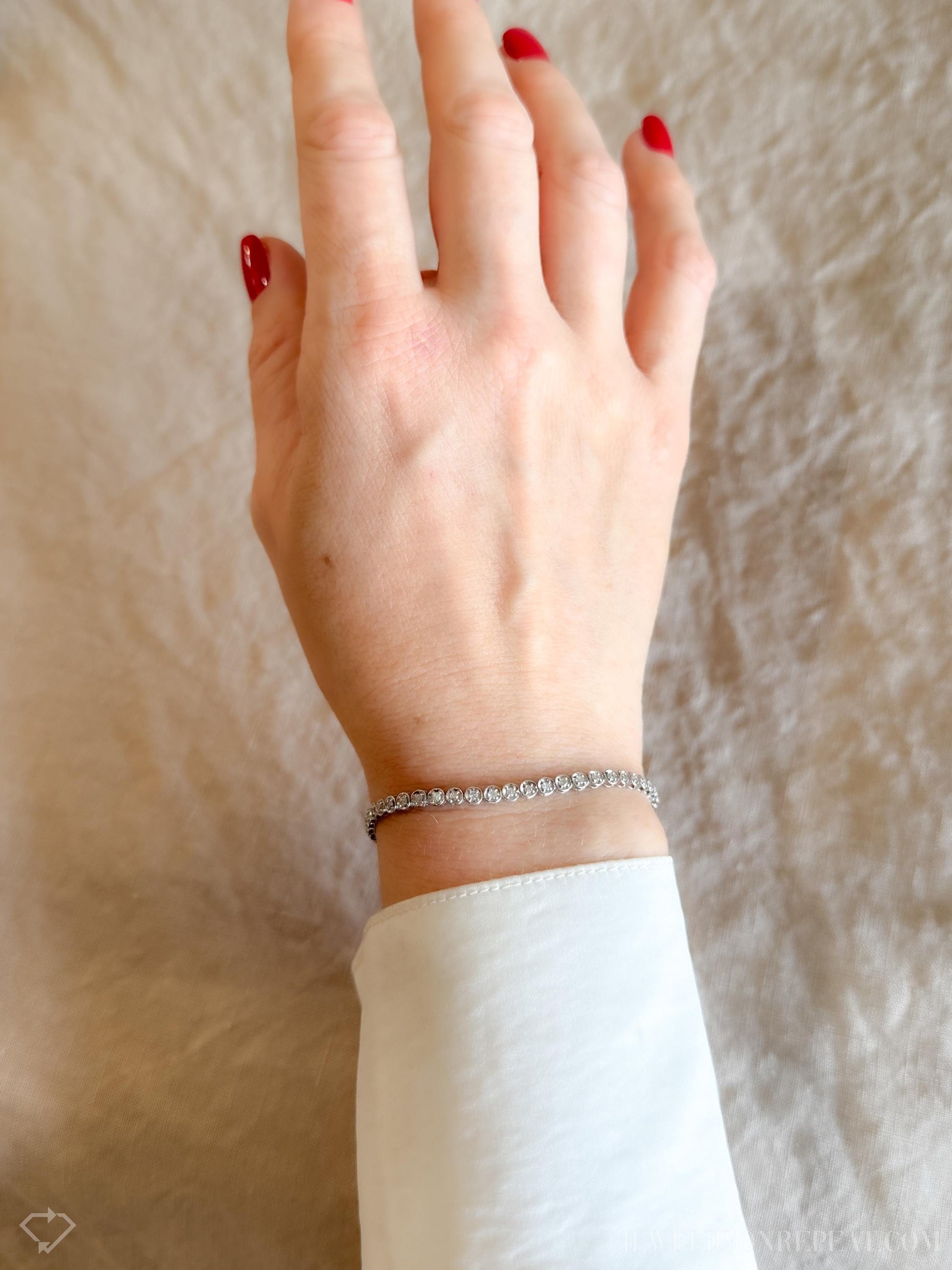 Vintage Diamond Tennis Bracelet, Round Cut, 18k White Gold, 1990s Prong Enhancer Link Bracelet