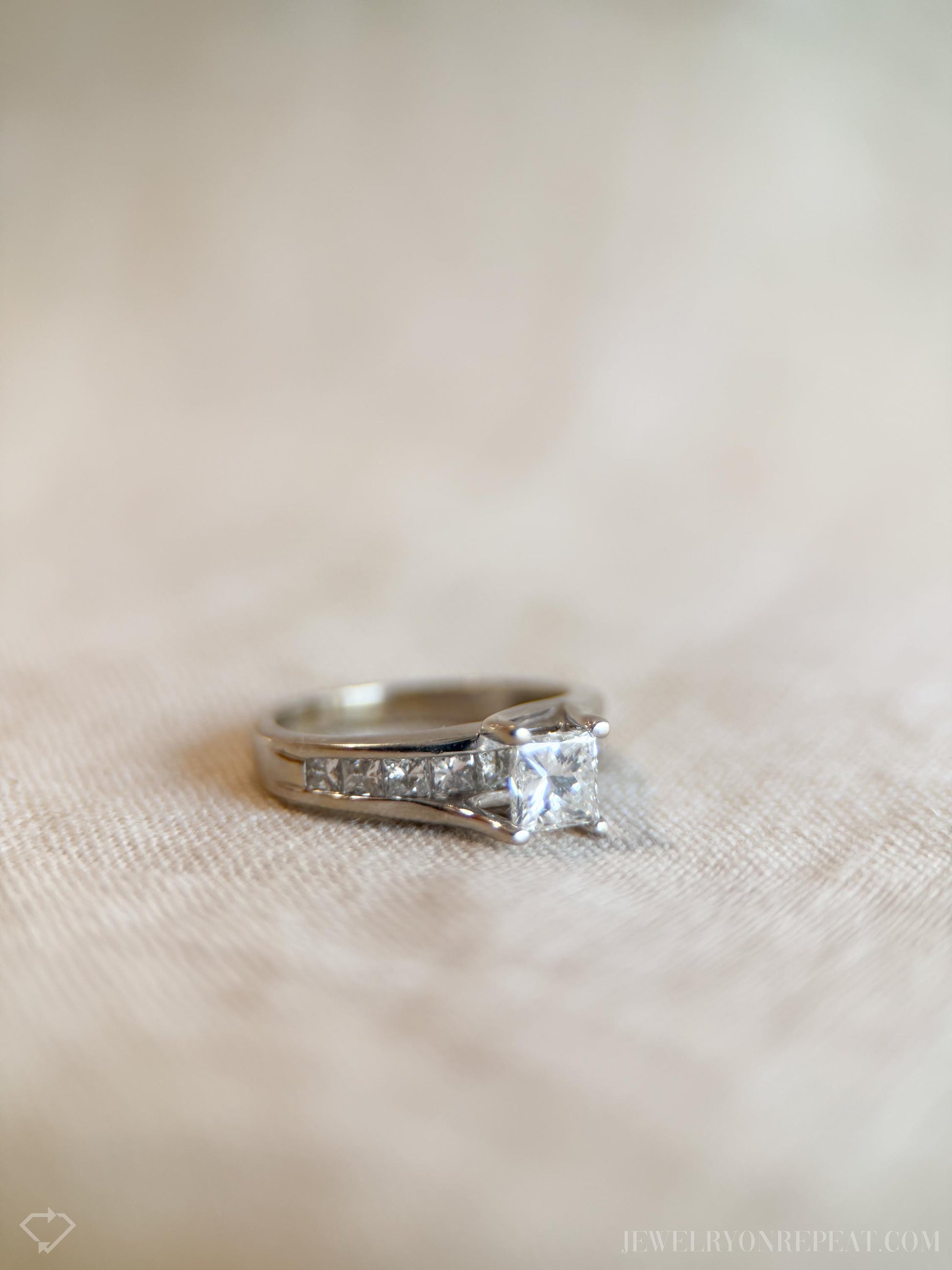 Vintage Diamond Engagement Ring, Princess Cut, 14k White Gold, Channel Set Cathedral Bridal Ring