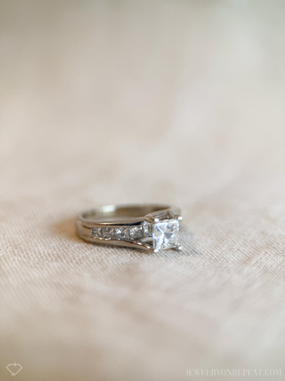 Vintage Diamond Engagement Ring, Princess Cut, 14k White Gold, Channel Set Cathedral Bridal Ring