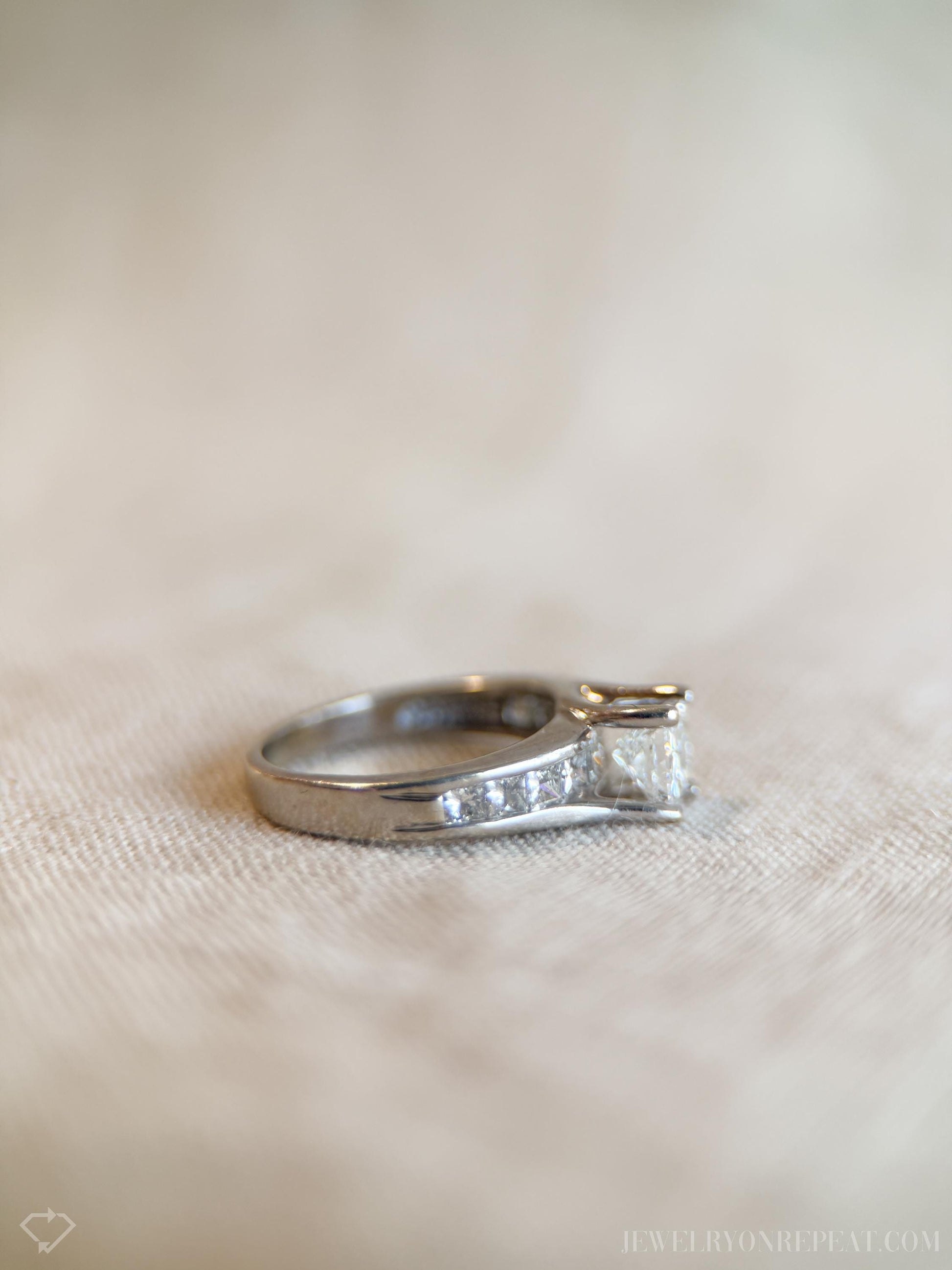 Vintage Diamond Engagement Ring, Princess Cut, 14k White Gold, Channel Set Cathedral Bridal Ring