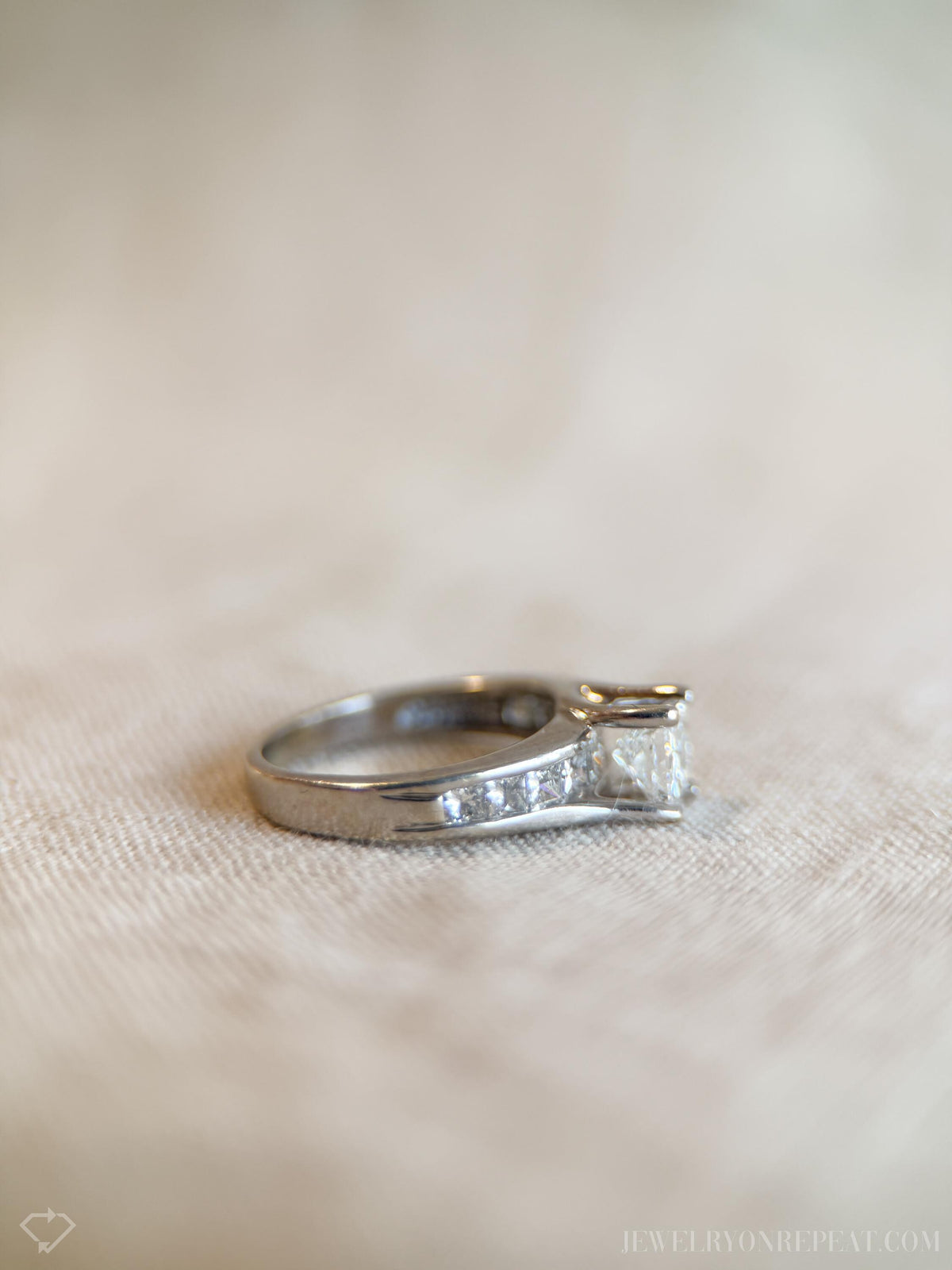 Vintage Diamond Engagement Ring, Princess Cut, 14k White Gold, Channel Set Cathedral Bridal Ring