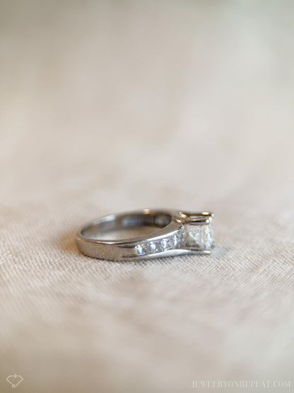 Vintage Diamond Engagement Ring, Princess Cut, 14k White Gold, Channel Set Cathedral Bridal Ring