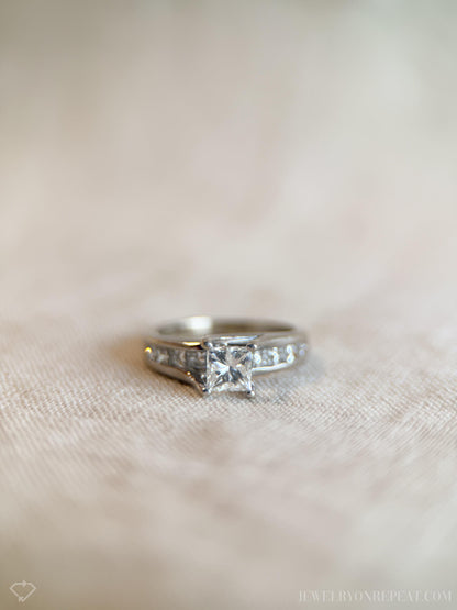 Vintage Diamond Engagement Ring, Princess Cut, 14k White Gold, Channel Set Cathedral Bridal Ring