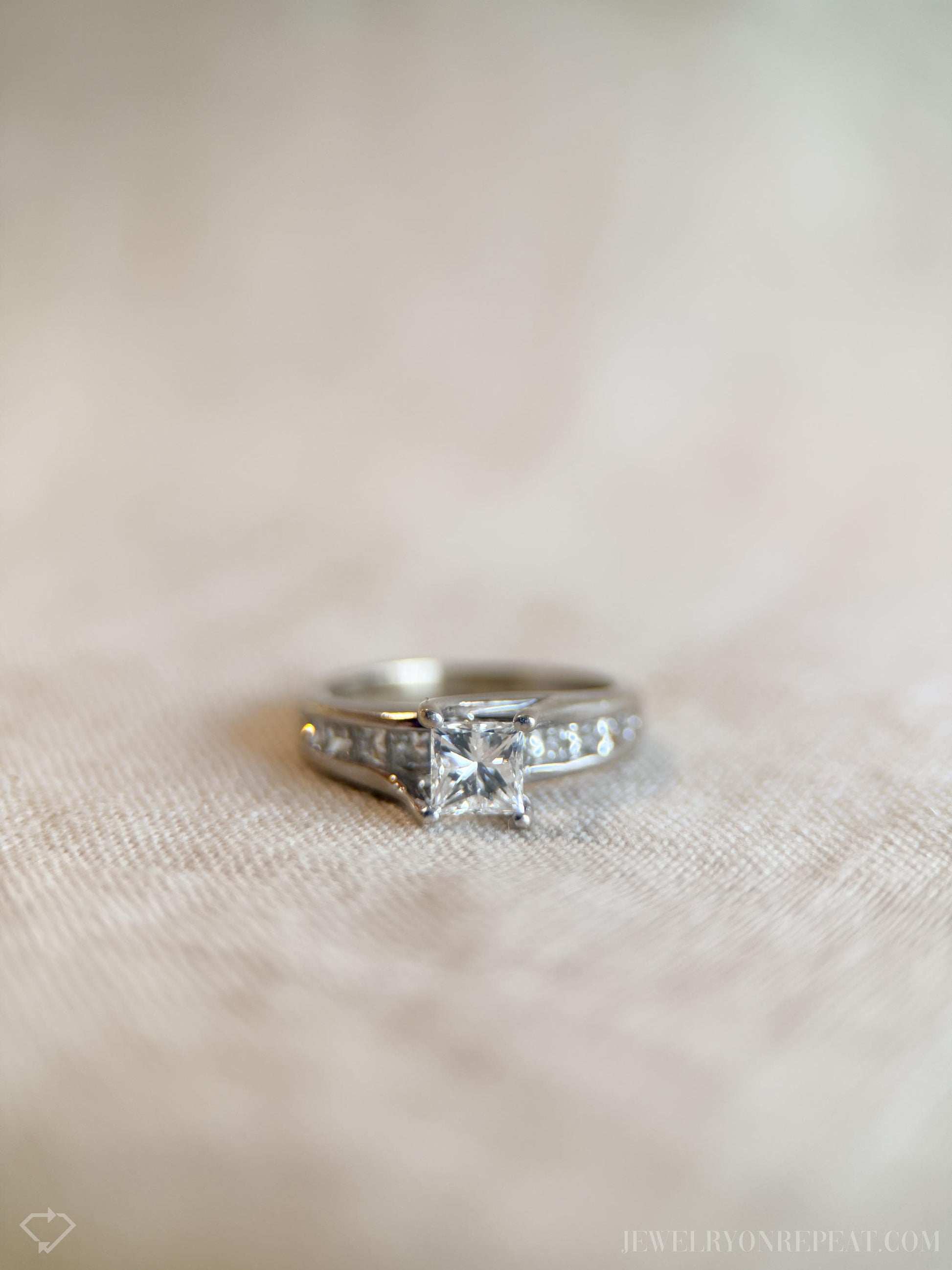 Vintage Diamond Engagement Ring, Princess Cut, 14k White Gold, Channel Set Cathedral Bridal Ring
