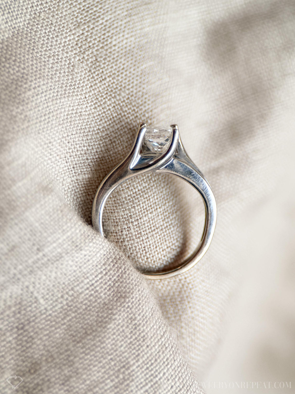 Vintage Diamond Engagement Ring, Princess Cut, 14k White Gold, Channel Set Cathedral Bridal Ring