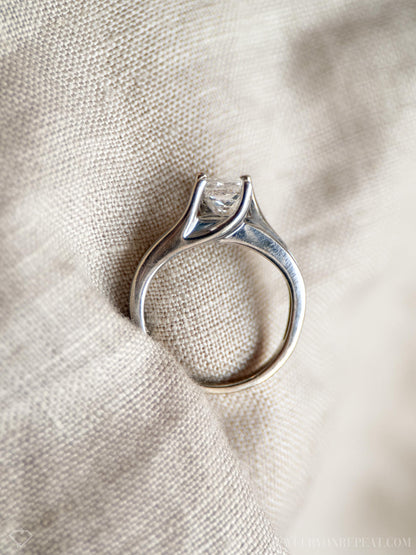 Vintage Diamond Engagement Ring, Princess Cut, 14k White Gold, Channel Set Cathedral Bridal Ring