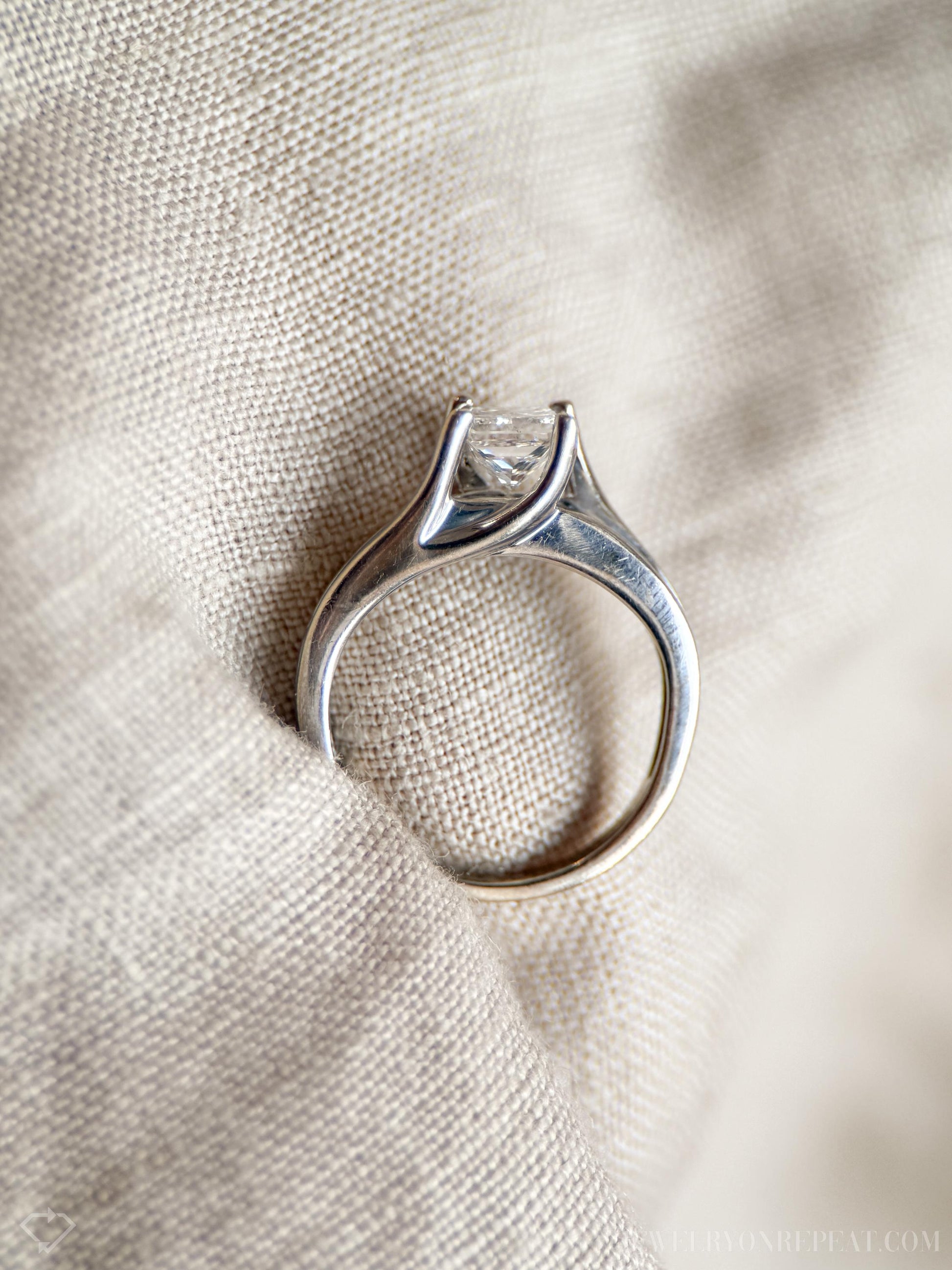 Vintage Diamond Engagement Ring, Princess Cut, 14k White Gold, Channel Set Cathedral Bridal Ring