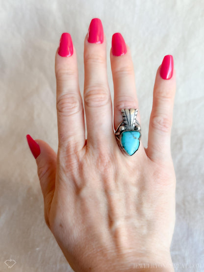 Vintage Turquoise Sterling Silver Ring, Feather Arrow Statement, Boho Southwestern Jewelry