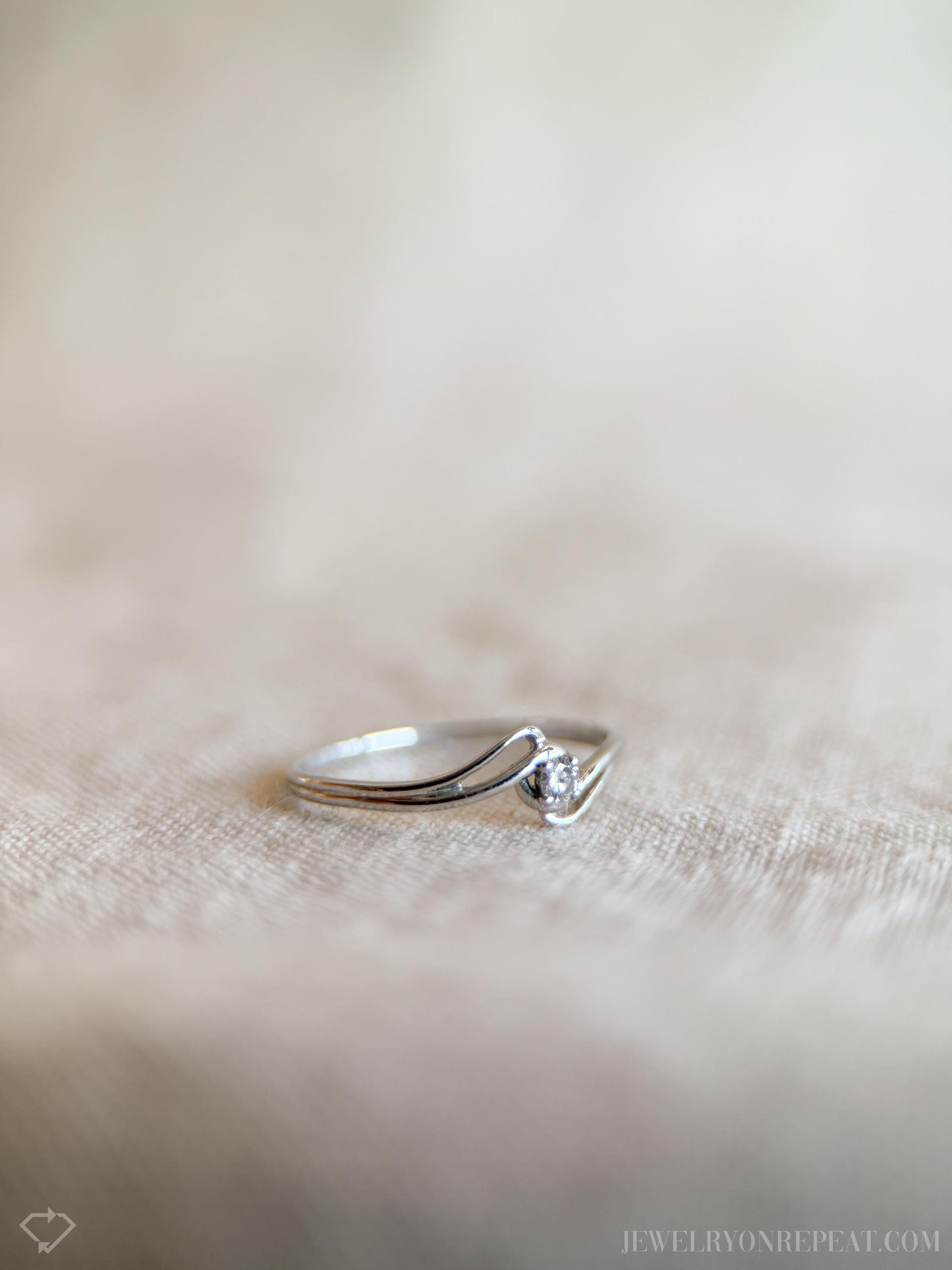 Vintage Diamond Engagement Ring, Round Cut, 18k White Gold, 1990s Swirl Solitaire Prong Setting