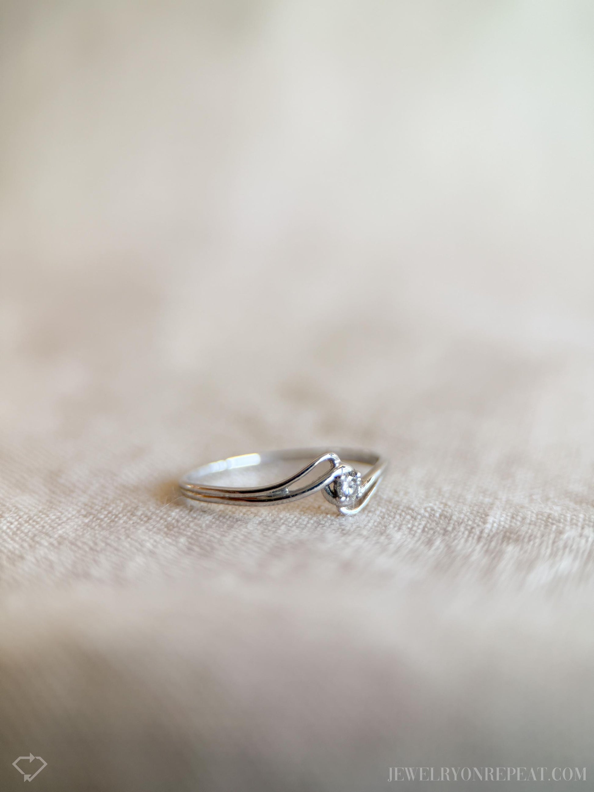 Vintage Diamond Engagement Ring, Round Cut, 18k White Gold, 1990s Swirl Solitaire Prong Setting