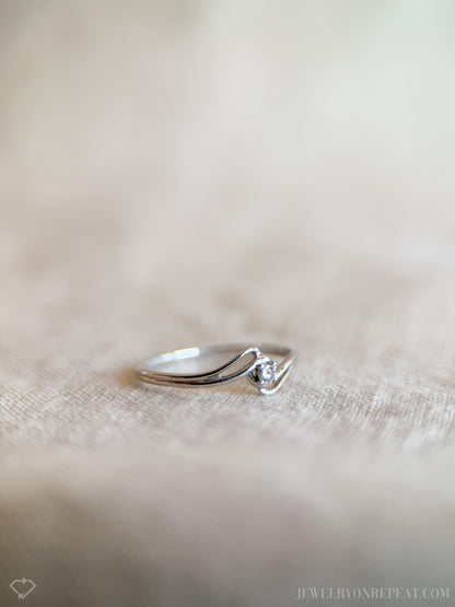 Vintage Diamond Engagement Ring, Round Cut, 18k White Gold, 1990s Swirl Solitaire Prong Setting