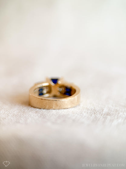 Vintage Sapphire and Diamond Engagement Ring, 14k Gold, Channel Emerald Baguette, Alternative Bridal Jewelry