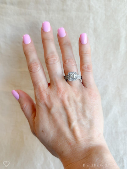Vintage Diamond Engagement Ring, Princess Cut, 14k White Gold, 1990s Halo Bridal Ring