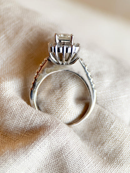 Vintage Diamond Engagement Ring, Princess Cut, 14k White Gold, 1990s Halo Bridal Ring