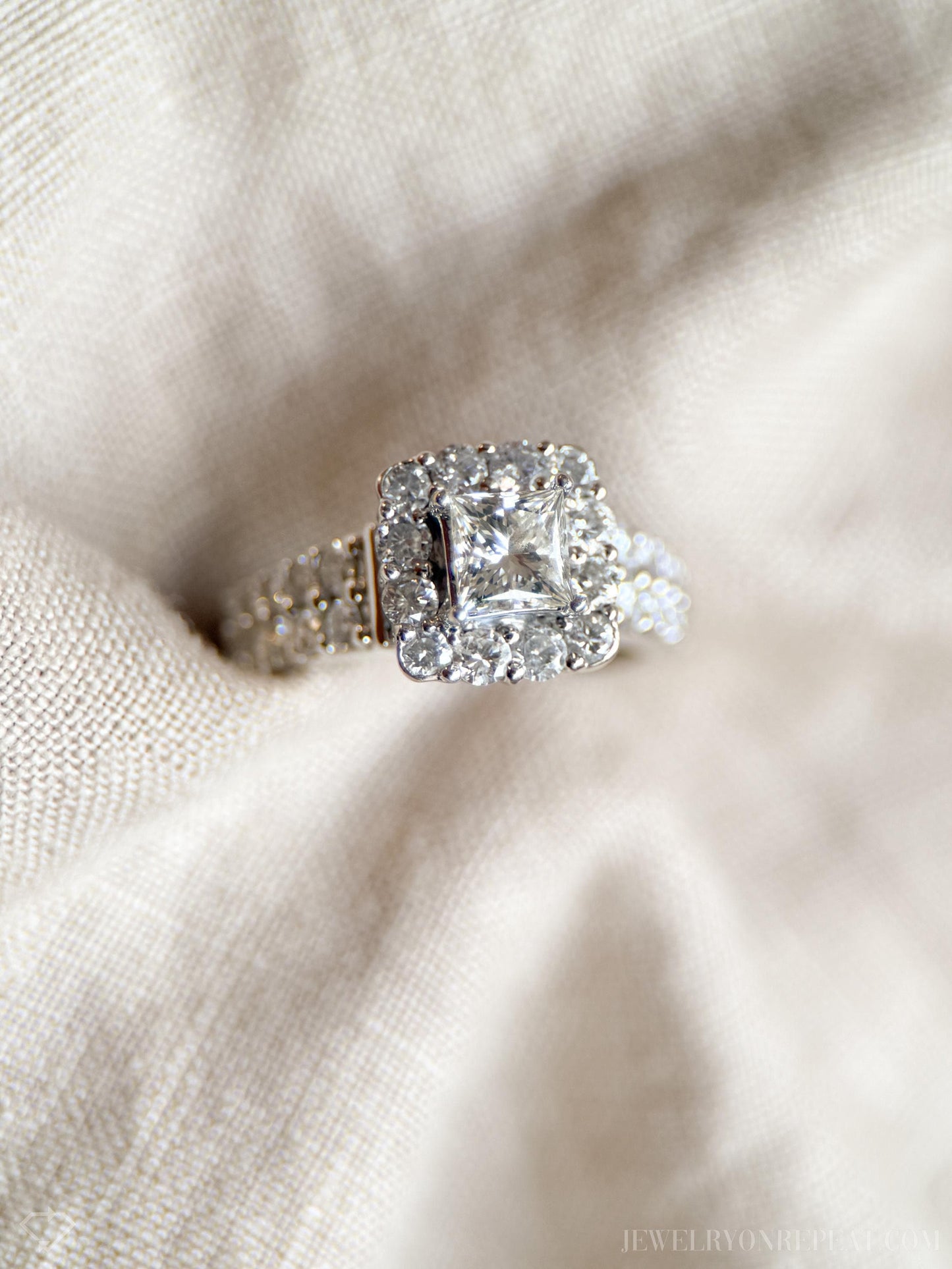 Vintage Diamond Engagement Ring, Princess Cut, 14k White Gold, 1990s Halo Bridal Ring