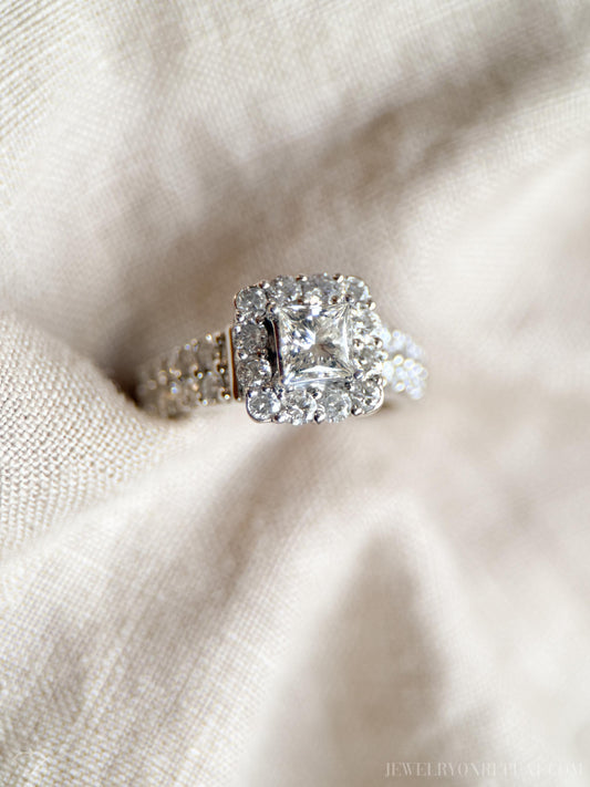 Vintage Diamond Engagement Ring, Princess Cut, 14k White Gold, 1990s Halo Bridal Ring