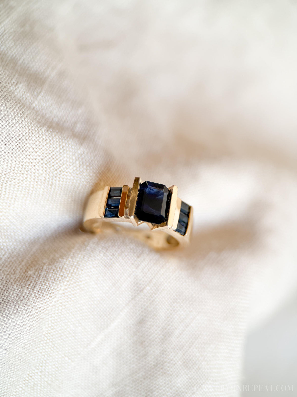 Vintage Sapphire and Diamond Engagement Ring, 14k Gold, Channel Emerald Baguette, Alternative Bridal Jewelry