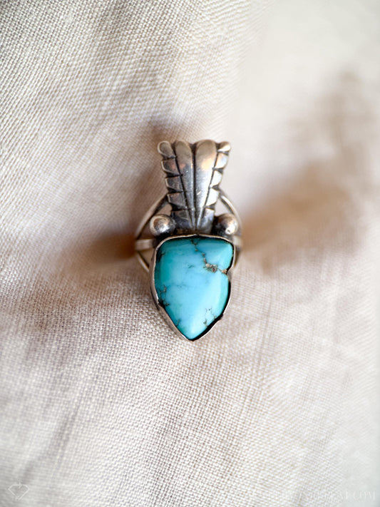 Vintage Turquoise Sterling Silver Ring, Feather Arrow Statement, Boho Southwestern Jewelry