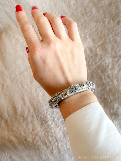 Vintage Blue Topaz Hinged Cuff Bracelet in Sterling Silver, Retro Fashion Fine Jewelry