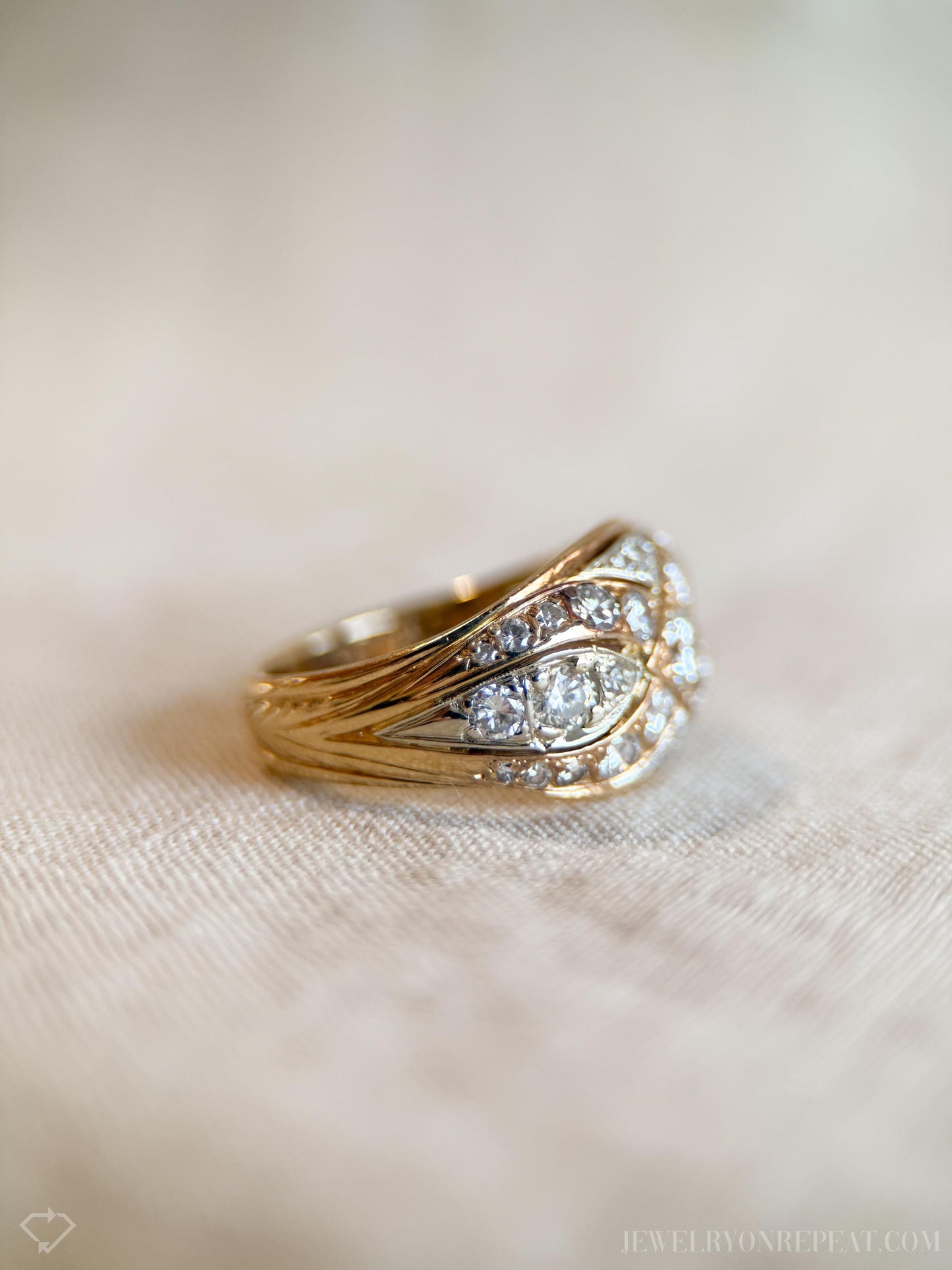 Vintage 1950s Diamond Engagement Ring, 14k Gold Wedding Band, Criss Cross Design • One-of-a-kind Jewelry