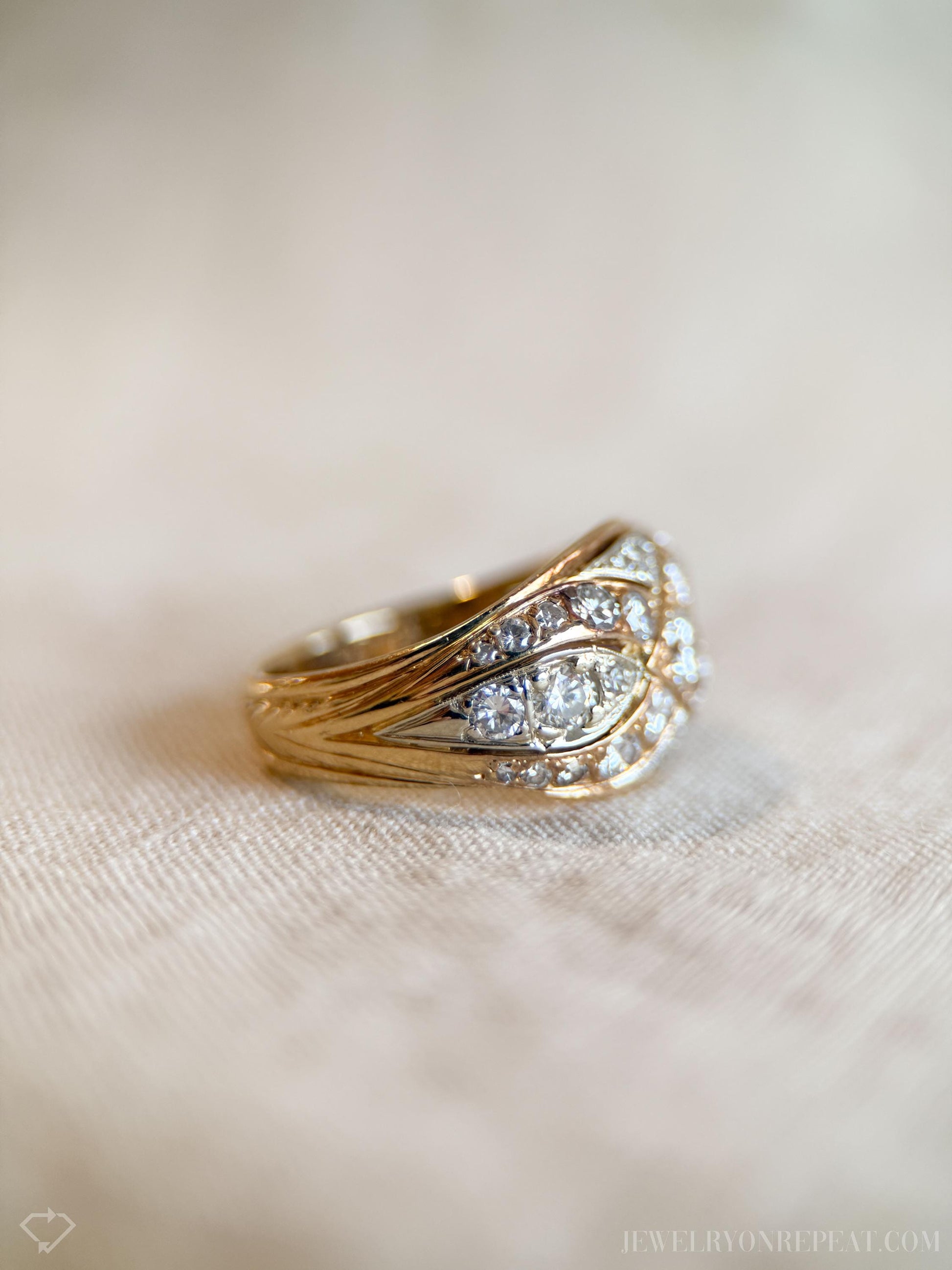 Vintage 1950s Diamond Engagement Ring, 14k Gold Wedding Band, Criss Cross Design • One-of-a-kind Jewelry