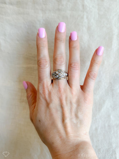 Vintage 1950s Diamond Engagement Ring, 14k Gold Wedding Band, Criss Cross Design • One-of-a-kind Jewelry