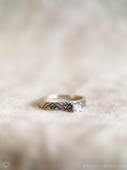 Vintage 1960s Floral Diamond Engagement Ring, 14k White Gold