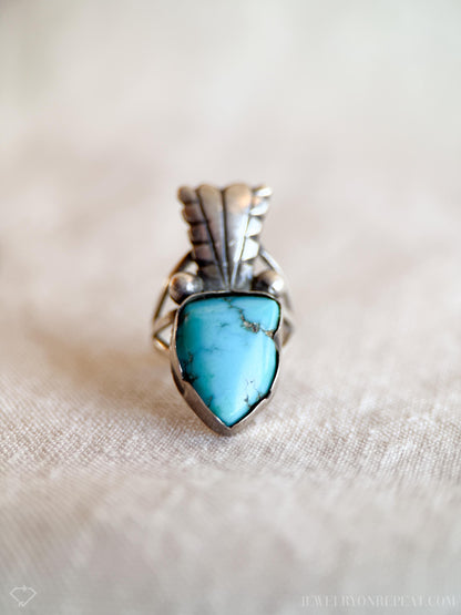 Vintage Turquoise Sterling Silver Ring, Feather Arrow Statement, Boho Southwestern Jewelry