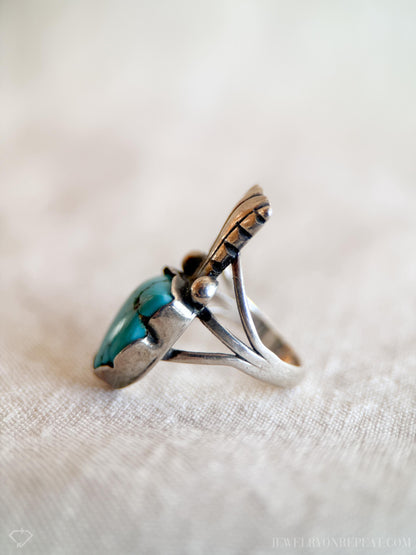 Vintage Turquoise Sterling Silver Ring, Feather Arrow Statement, Boho Southwestern Jewelry