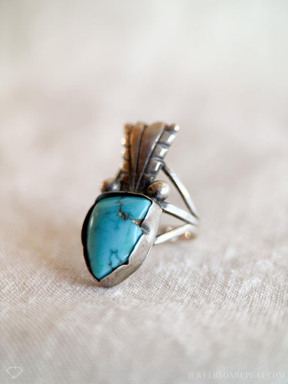 Vintage Turquoise Sterling Silver Ring, Feather Arrow Statement, Boho Southwestern Jewelry
