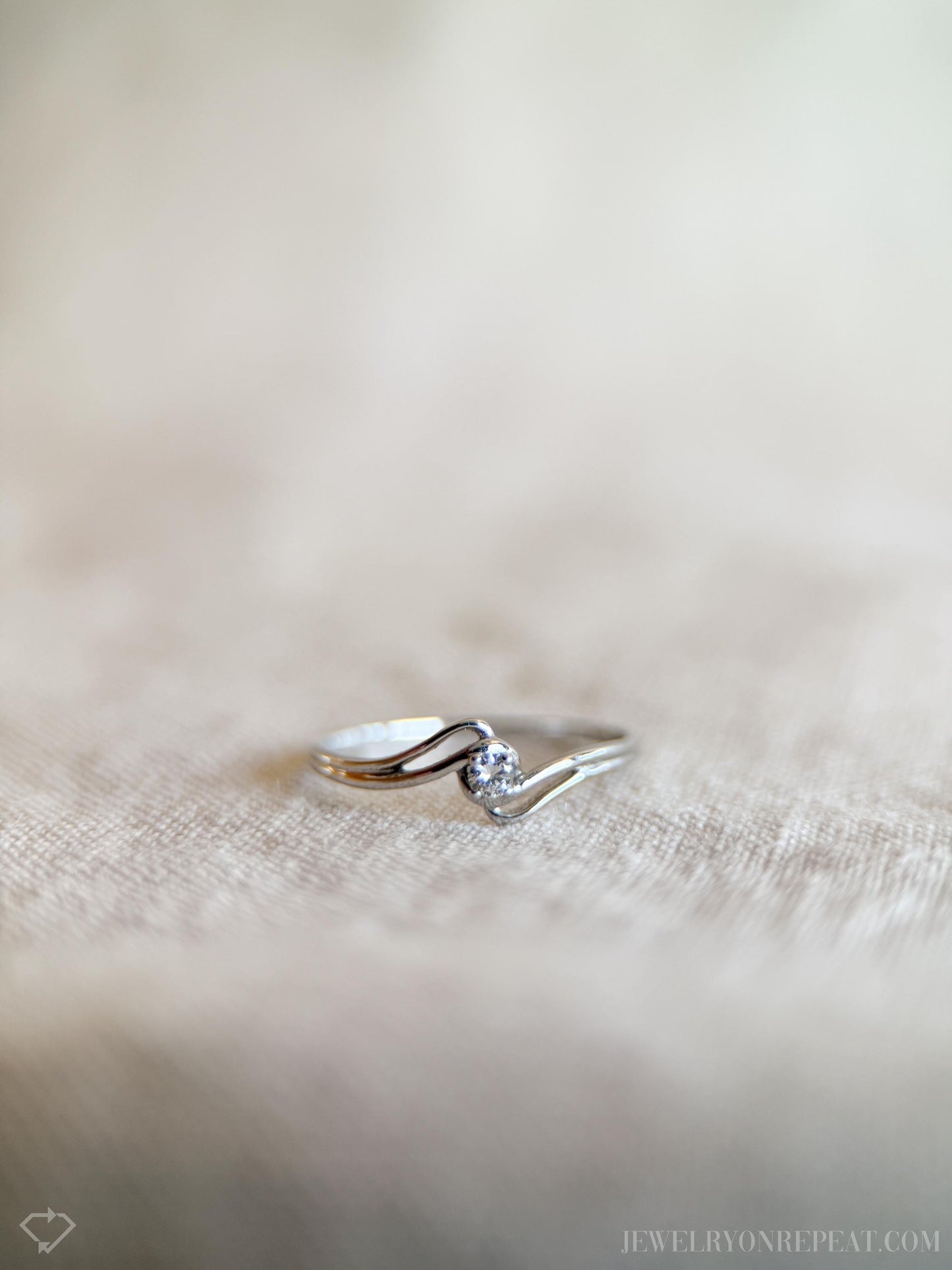 Vintage Diamond Engagement Ring, Round Cut, 18k White Gold, 1990s Swirl Solitaire Prong Setting