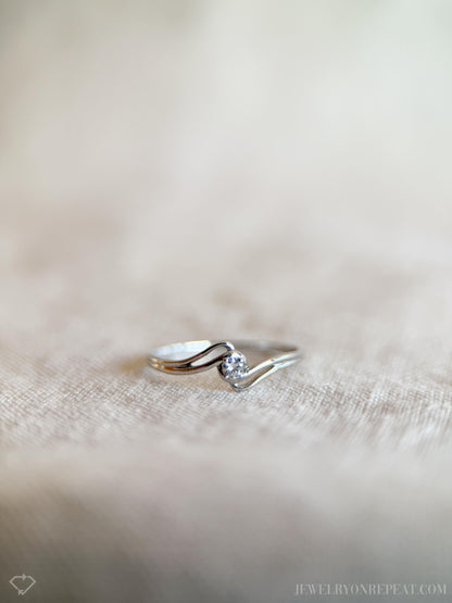 Vintage Diamond Engagement Ring, Round Cut, 18k White Gold, 1990s Swirl Solitaire Prong Setting