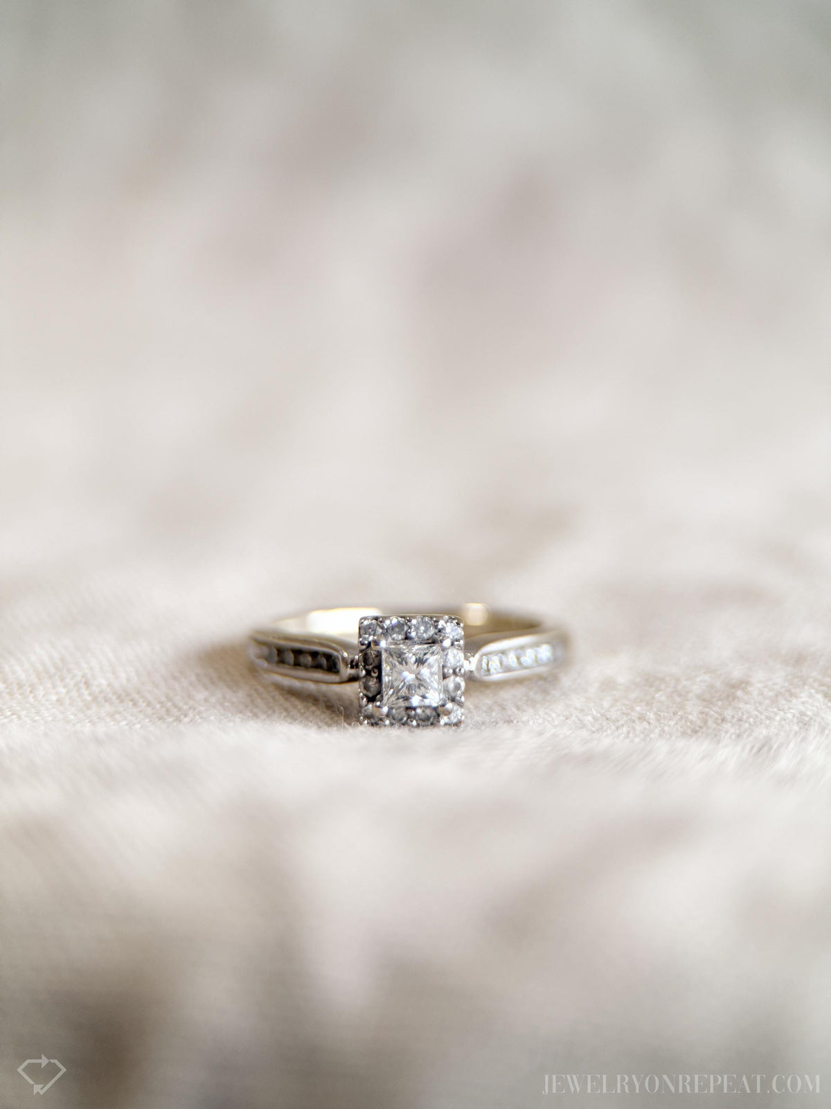 Vintage Diamond Engagement Ring, Princess Cut, 14k White Gold, 1990s Halo Bridal Ring